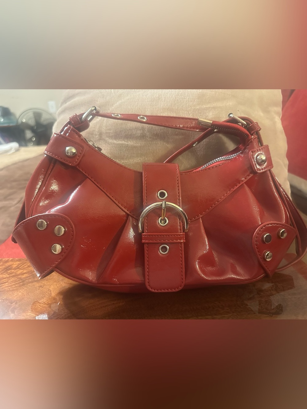 Burgundy Red Patent Leather Shoulder Bag with Silver Hardware-Y2K Inspired